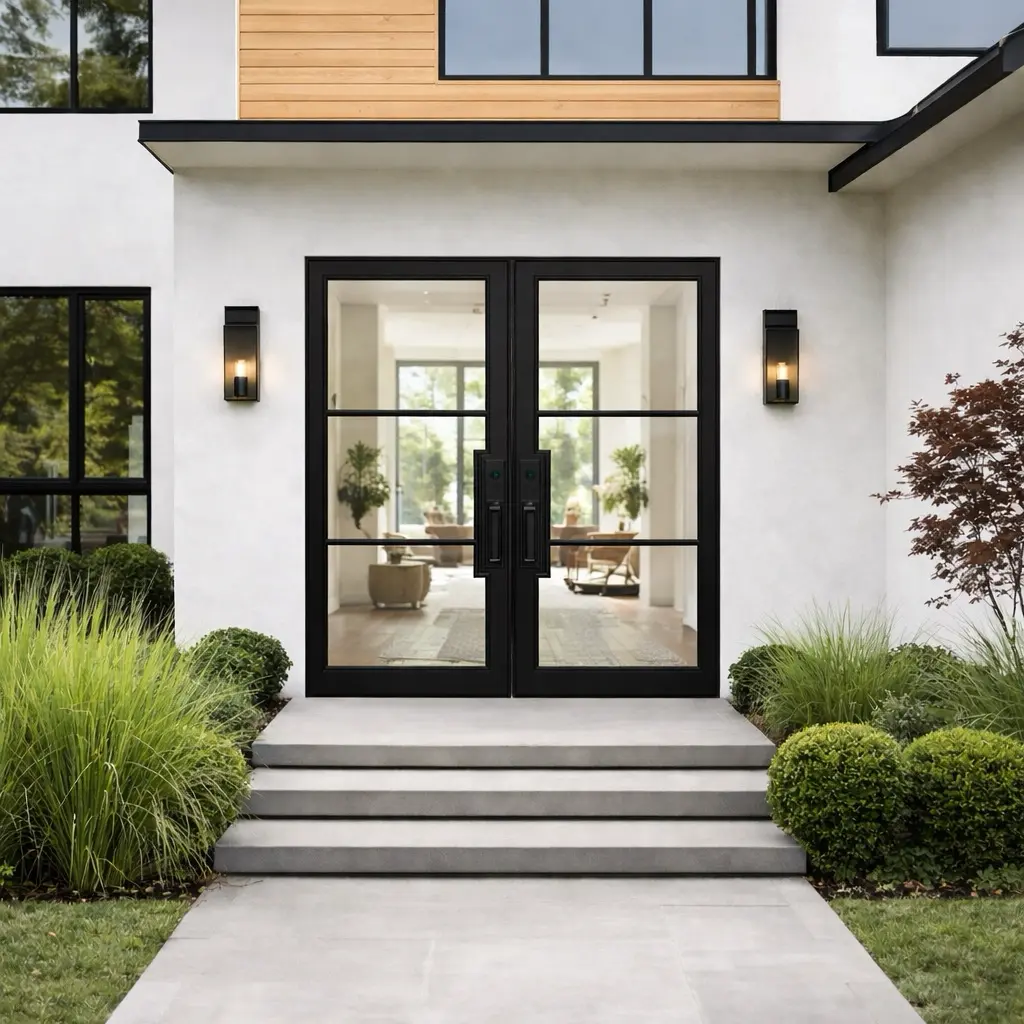 Factory French 3 Lite Double Doors- Painted Black- Clear Glass