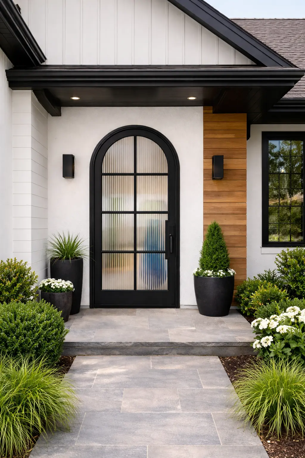 Factory French 8 Lite True Round Door- Painted Black- Reeded Glass